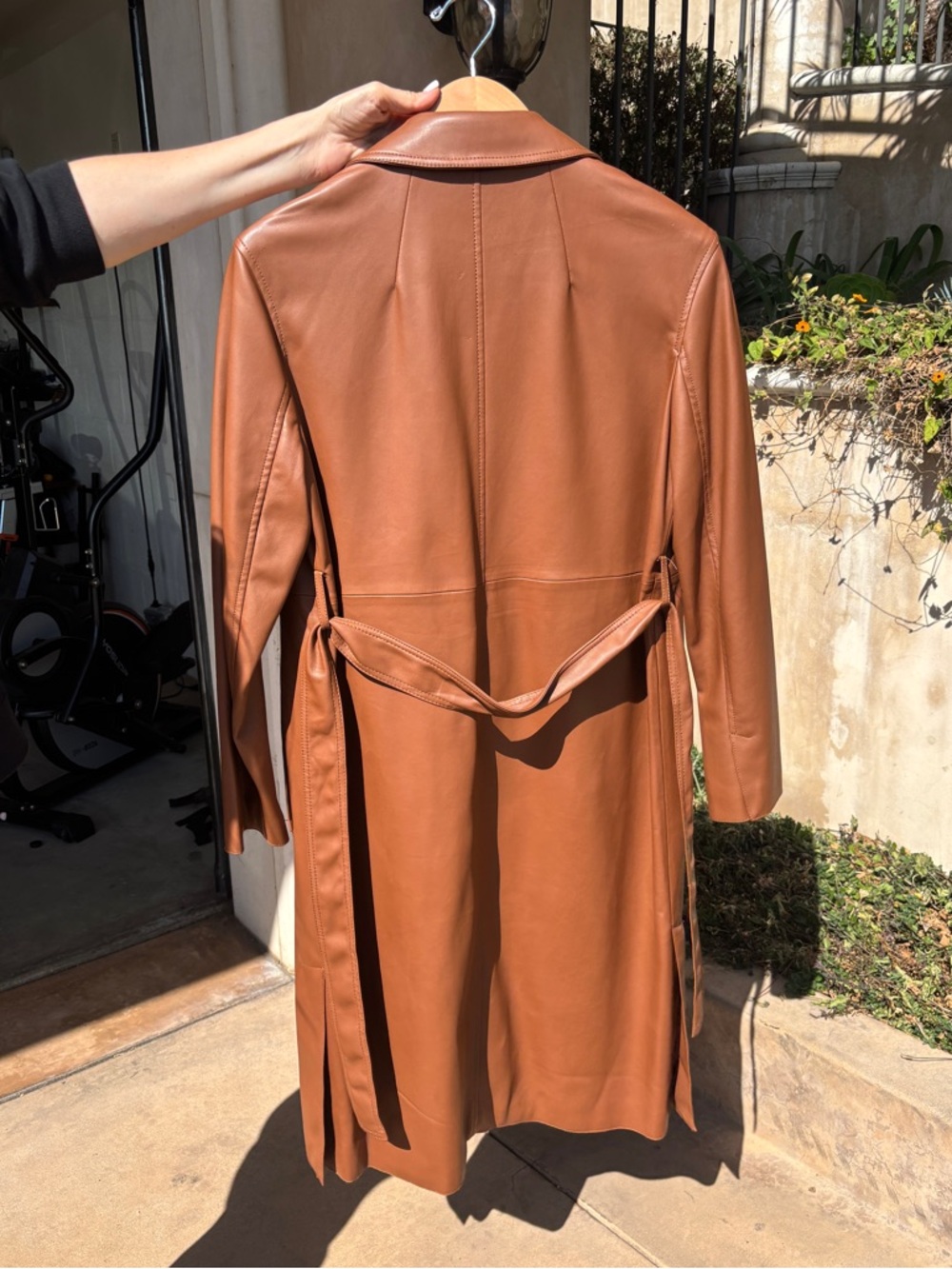 Zara Cognac Leather Trench Coat with Waist Tie